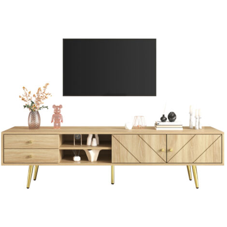 Meuble TV de 160 cm avec pieds dorés, deux tiroirs et portes au design unique