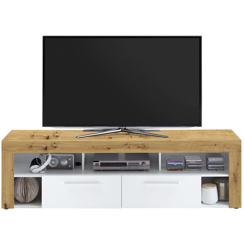 Meuble TV de 2 tiroirs et 6 niches coloris Artisan chêne / blanc - L180 x H53 x P41 cm -PEGANE-