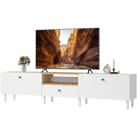 Meuble TV de 200 cm pour téléviseurs jusqu'à 90 pouces, 2 compartiments à abattants, 1 compartiment ouvert, 1 tiroir, 8 pieds, panneaux de particules, blanc