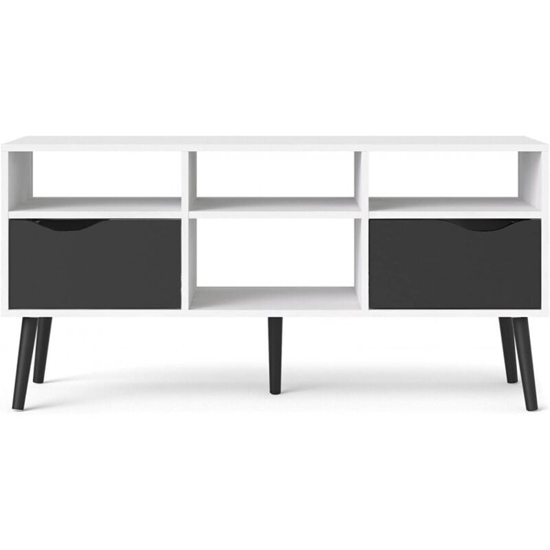 Meuble de séjour blanc mat et noir mat meuble tv 117 cm avec 2 tiroirs et quatre étagères - Gladiolo
