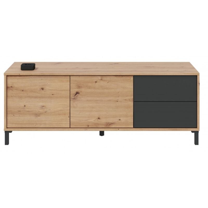 Meuble de salon tv 130 cm chêne nordique et gris anthracite avec 2 portes et 2 tiroirs - Mineo