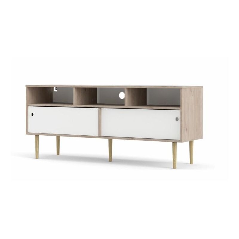 Meuble TV de salon 147 cm Blanc mat et chêne avec deux portes coulissantes et trois compartiments | chêne et blanc