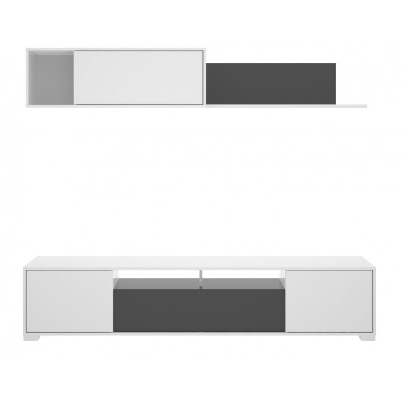 Mural équipé meuble tv 200 cm blanc brillant et graphite - Marsiglia