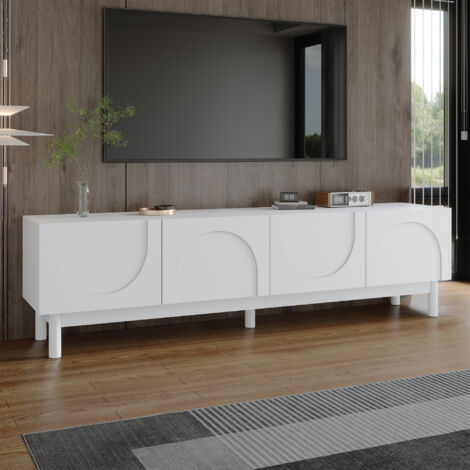 Meuble TV de salon 4 portes, meuble bas avec pieds de support, 169×34×45,5cm, MDF, blanc