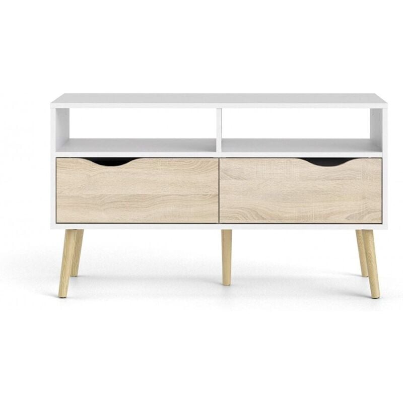 Meuble de salon tv 99 cm blanc mat et chêne avec deux tiroirs - Gladiolo