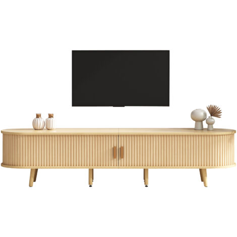 Meuble TV de salon avec espace de rangement + plateau rond MDF grain de bois 2 tiroirs, capacité de charge 30KG Dimensions 175 x 40 x 42cm