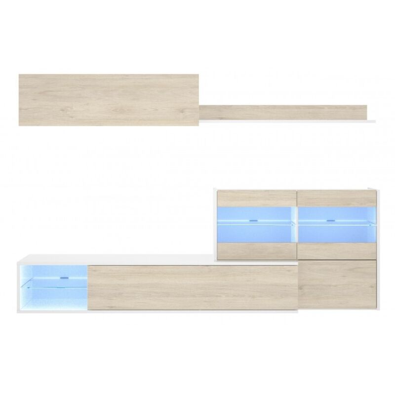 Paroi équipée porte Tv 260 cm blanc brillant et chêne naturel - Ely