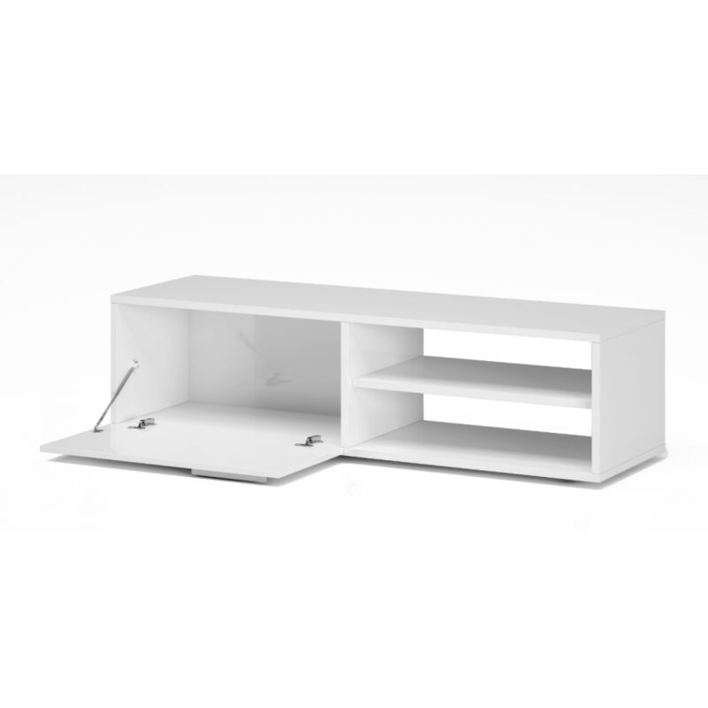 Meuble TV de salon Kikua 130 cm Blanc Brillant une porte et une étagère | Blanc