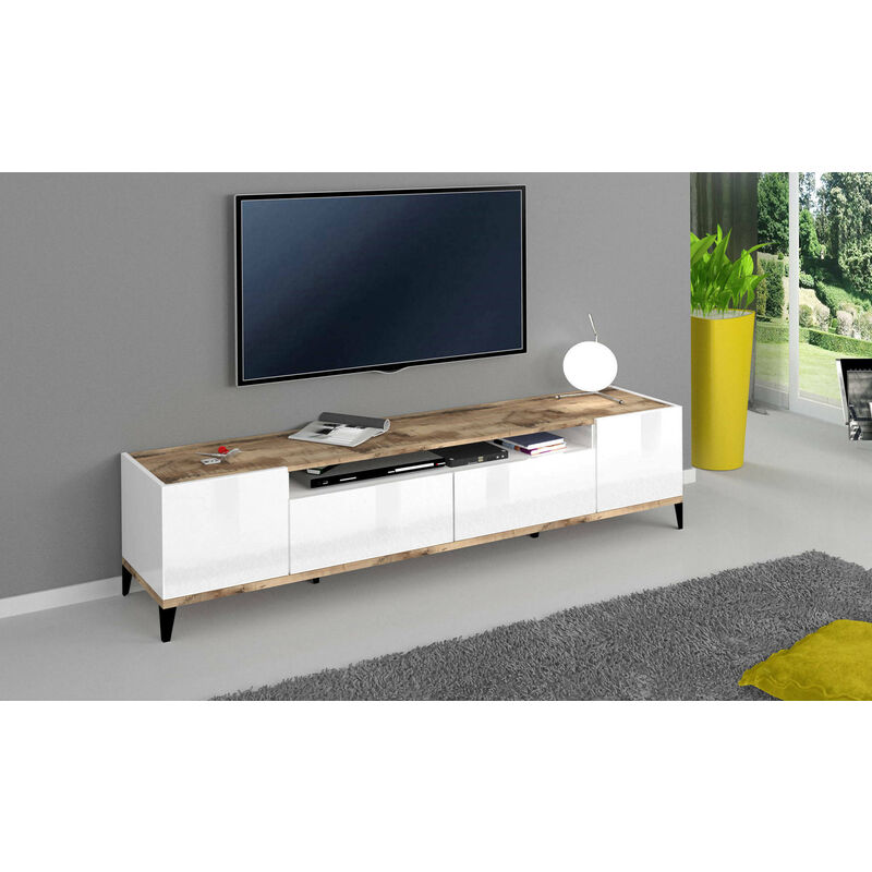 Dmora Meuble TV de salon, Made in Italy, meuble TV avec 2 portes et 2 tiroirs, cm 200x40h47, blanc brillant et érable