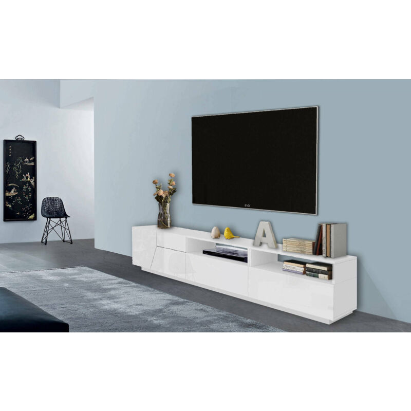 Meuble TV de salon, Made in Italy, meuble TV avec 2 portes géométriques et 2 tiroirs, Cm 200x43h46, Blanc brillant - Dmora