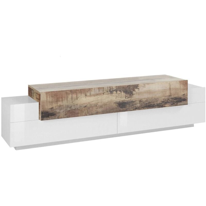 Meuble tv de salon, Made in Italy, Meuble tv avec 3 portes et étagères, cm 200x45h52, Couleur blanc brillant et érable