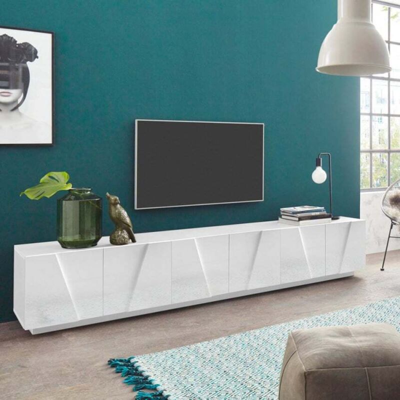 Ahd Amazing Home Design – Meuble TV moderne 243,8 x 44 x 46 cm – 6 portes battantes – 3 placards – Bois FSC – Finition mélaminée blanc brillant