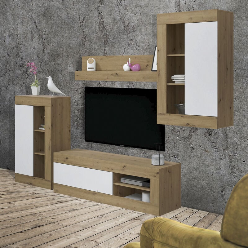 Meuble tv de salon, mur équipé moderne avec 3 unités murales et 1 étagère, Cm 270x35h113, couleur Chêne et Blanc