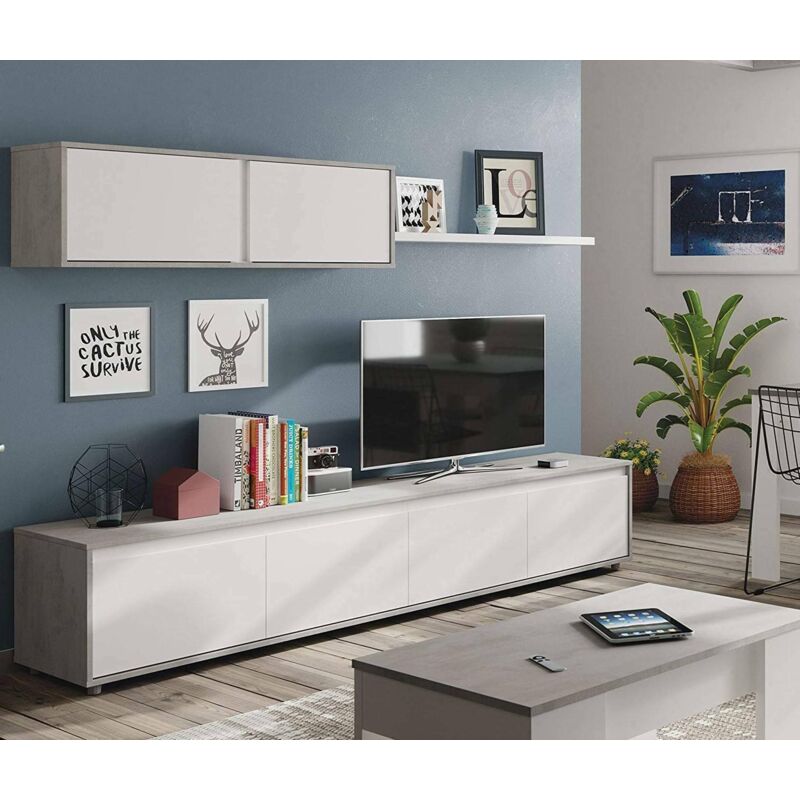 Meuble tv de salon à quatre portes, avec élément mural et étagère, couleur béton et blanc artik, dimensions du meuble tv 200 x 43 x 41 cm Élément