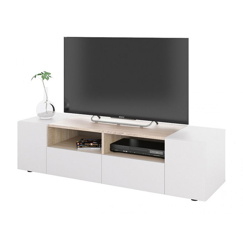 Meuble TV décor blanc et chêne - Dim : L 138 x P 42 x H 34 cm - Pegane