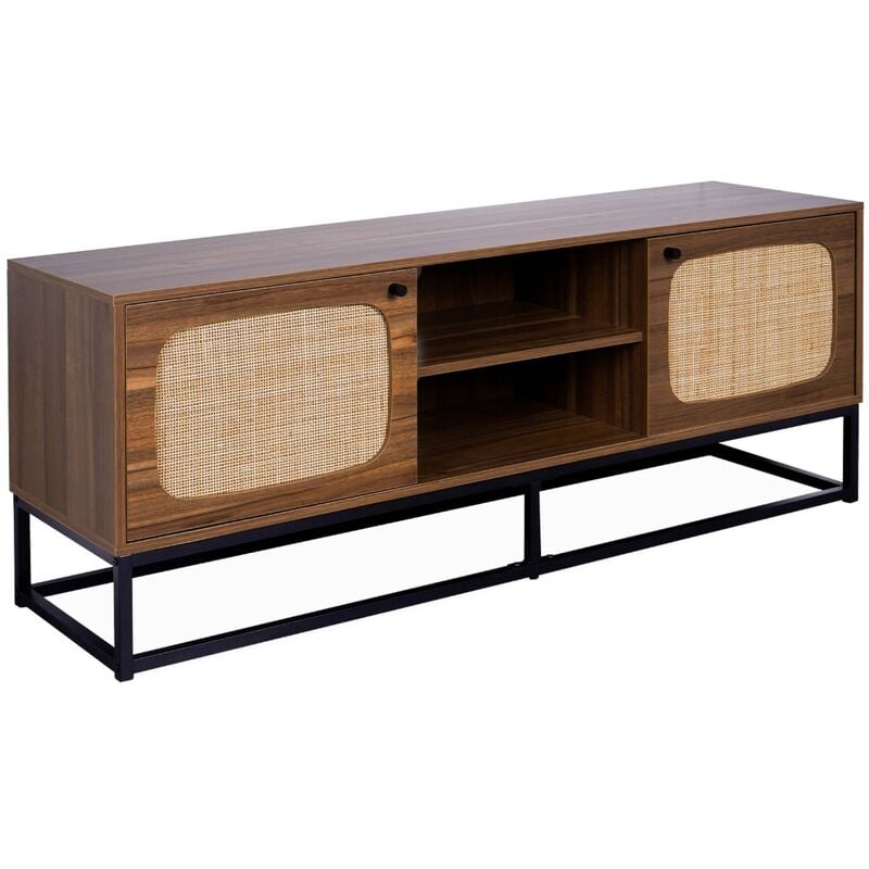 Meuble TV en décor bois et cannage arrondi 140cm. piètement et poignées en métal noir