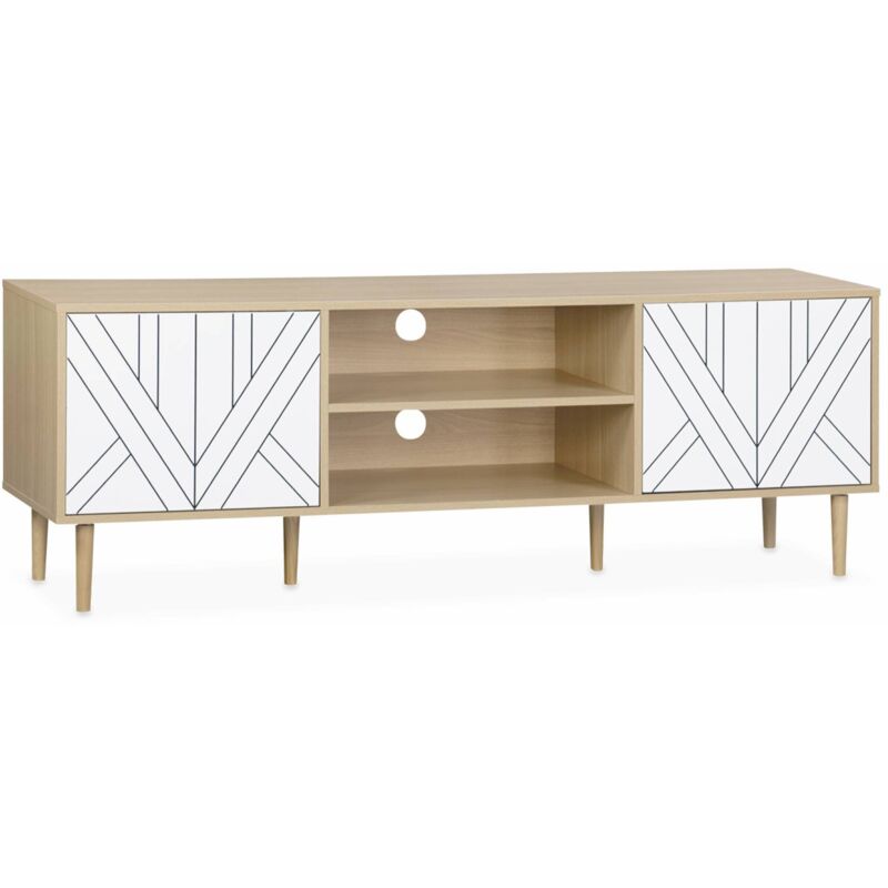 Meuble tv décor bois & blanc - Mika - 2 niveaux. 3 étagères. 2 portes. l 160 x l 40 x h 56cm