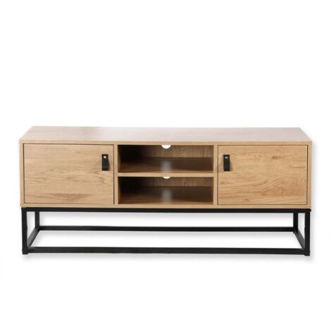 Meuble TV décor chêne 2 portes 2 niches L120 cm – Style industriel avec piétement métal noir – Rangement optimisé pour salon