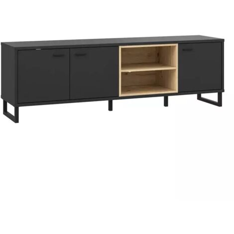 Meuble TV décor noir et chêne clair avec poignées métal noir - BAILEY
