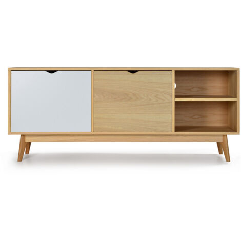 Meuble TV design 2 portes chêne - Blanc craie et chêne - STRÖM