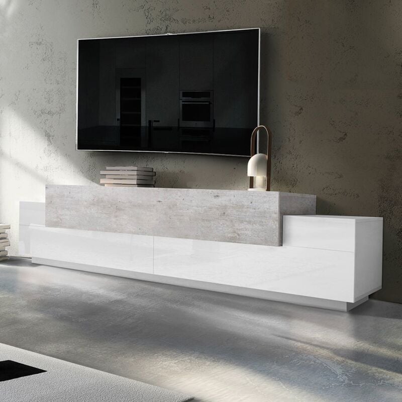 Web Furniture - Meuble tv Design 240cm 4 placards 3 Portes Blanc Gris Corona Low Grey