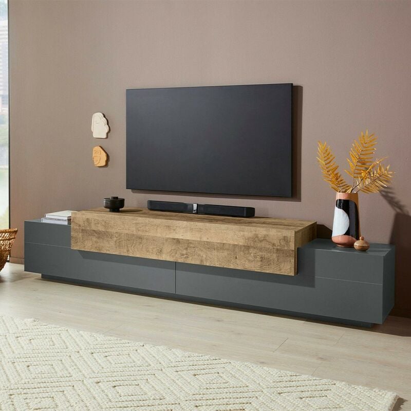 Web Furniture - Meuble tv design moderne 240cm gris et bois Corona Low Hound