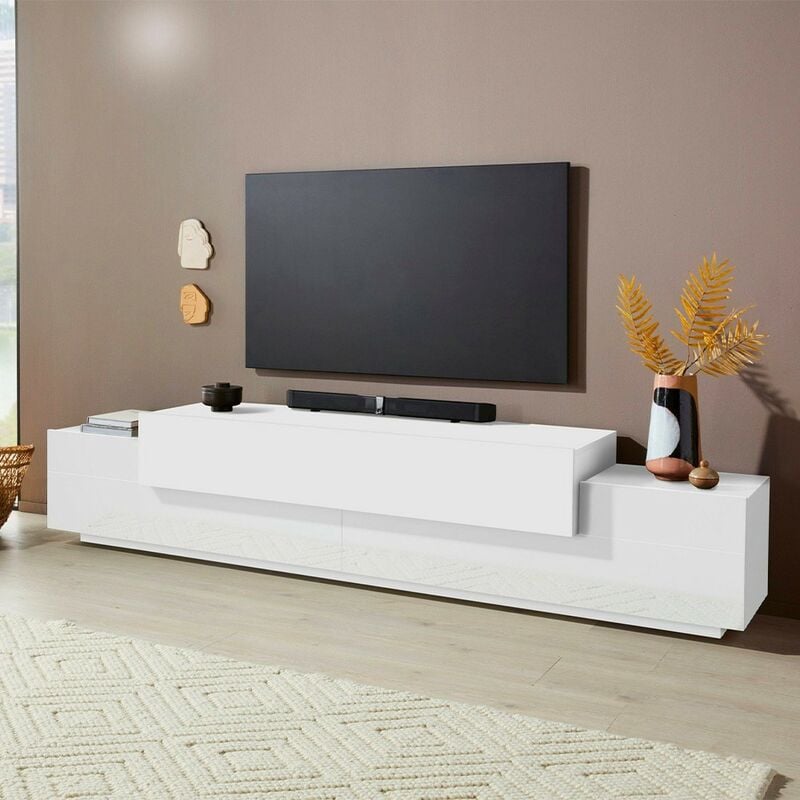 Web Furniture - Meuble tv design moderne 240cm blanc 4 placards 3 portes Corona Low Bial