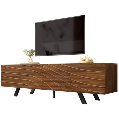 Meuble TV design à façade ondulée-Imitation noyer-Pieds fer noir-Rangement et gestion câbles -160x39x50,5cm