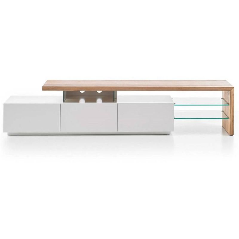 Meuble tv design alrik 3 tiroirs structure laquée blanc mat plateau décor chêne