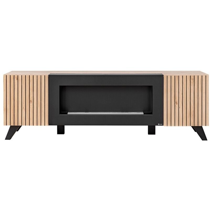 Meublorama - Meuble tv design avec cheminée décorative coloris chêne et noir collection nielsen.