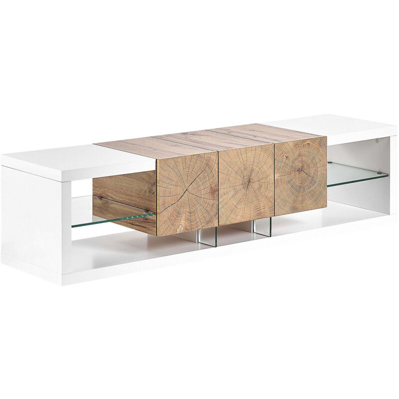 Beliani – Meuble TV moderne effet bois clair et blanc – 3 tiroirs cubes spacieux – Étagères en verre de sécurité – Dimensions 160x40x42cm
