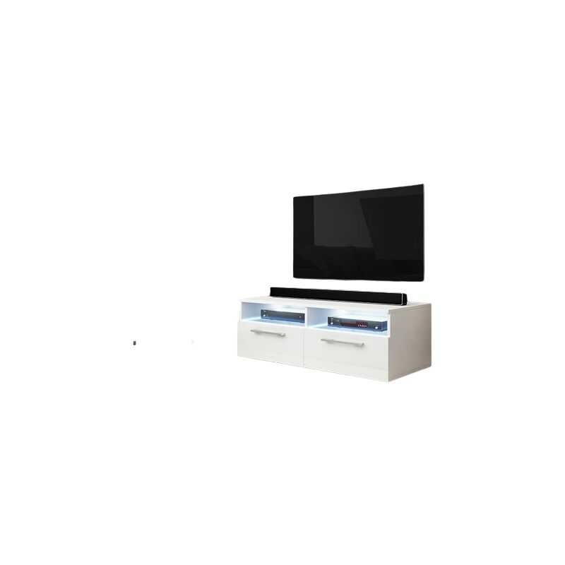 Price Factory - Meuble TV design BONNIE 100 cm, 2 portes et 2 niches, coloris blanc + LED. - Blanc