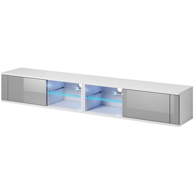 Price Factory - Meuble TV design BREST-HIT XXL 200 cm, 2 portes et 4 niches. Coloris blanc et gris + LED - Gris