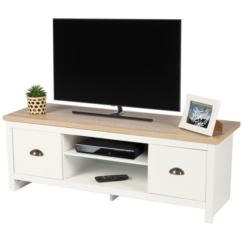 Meublorama - Meuble tv design colonial – 120x39,5xH42,5 cm, 2 tiroirs et 2 niches, coloris blanc et plateau chêne clair – Collection madera