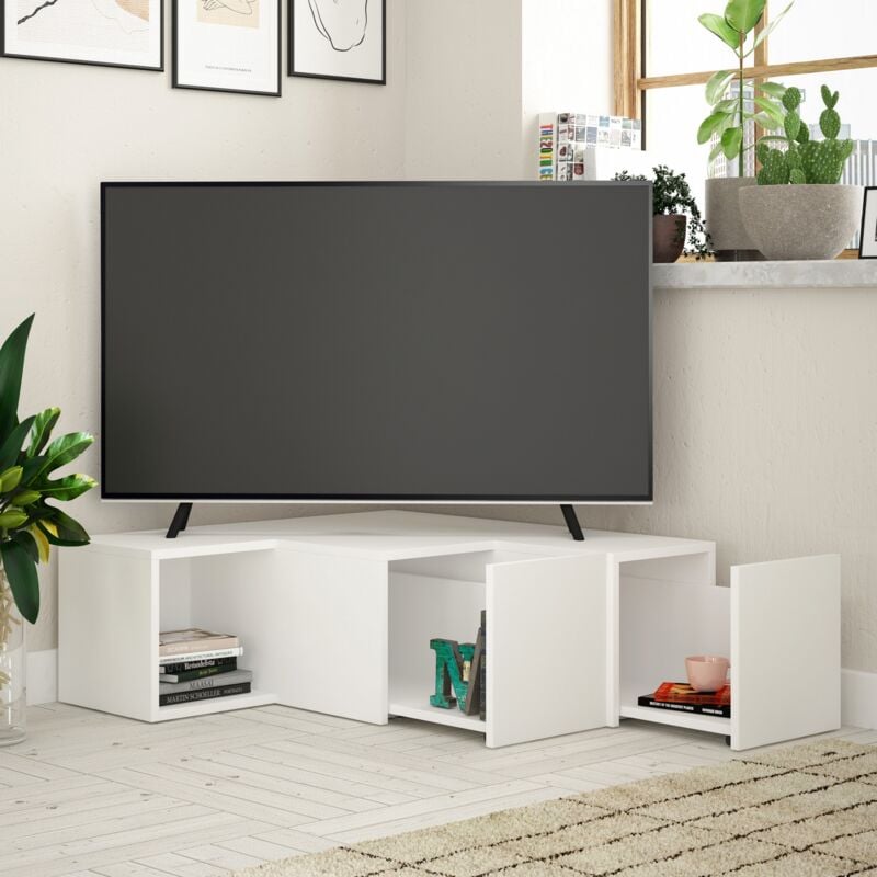 Meuble TV Blanc Compact avec Étagères, 90x32x92 cm, Pour Petit Salon ou Chambre d'Étudiant