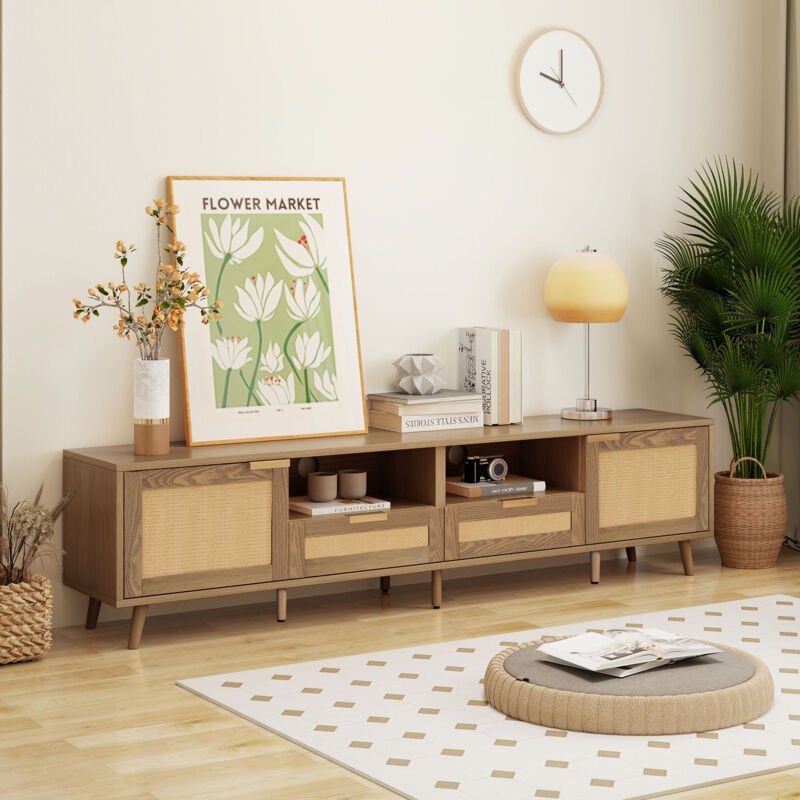 Meuble tv design en rotin,Commode tv avec pieds en bois massif,2 Tiroirs + 4 Compartiments de rangement,200 x 37 x 49cm