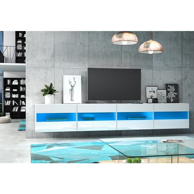 Price Factory - Meuble TV design ERIKA XXL 2 mètres, 4 portes, coloris blanc brillant + LED. - Blanc
