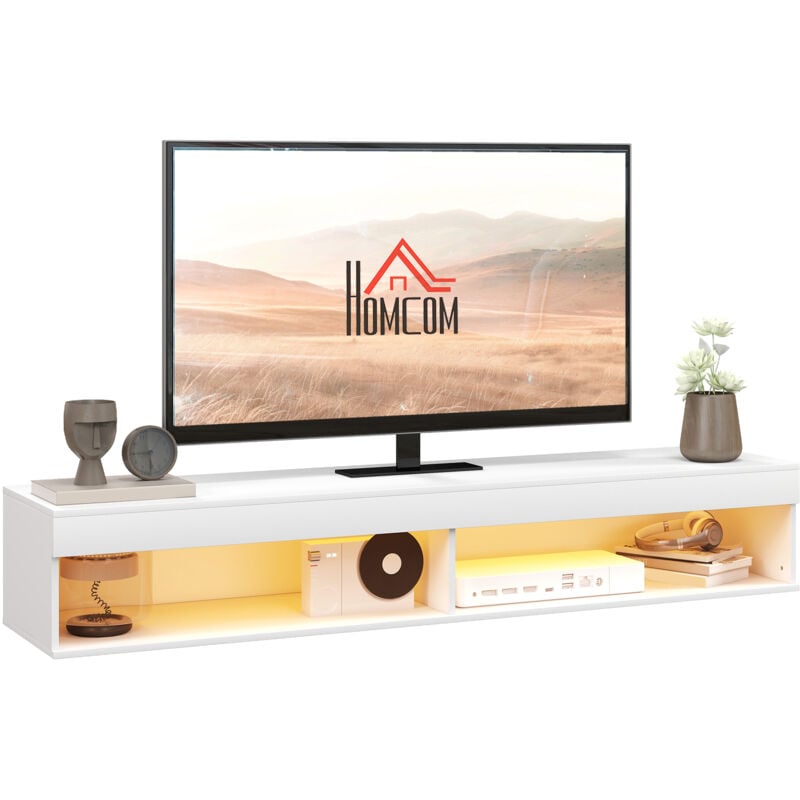 Homcom - Meuble tv design led suspendu mural - 75 pouces max. - 2 niches - dim. 180L x 40l x 30H cm - aspect bois blanc