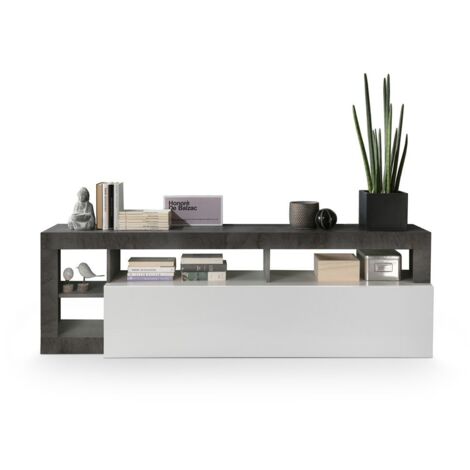 Les Tendances – Meuble TV 184 cm avec 1 porte abattant et 4 niches – Panneaux de particules FSC – Blanc laqué et béton – Fabrication italienne