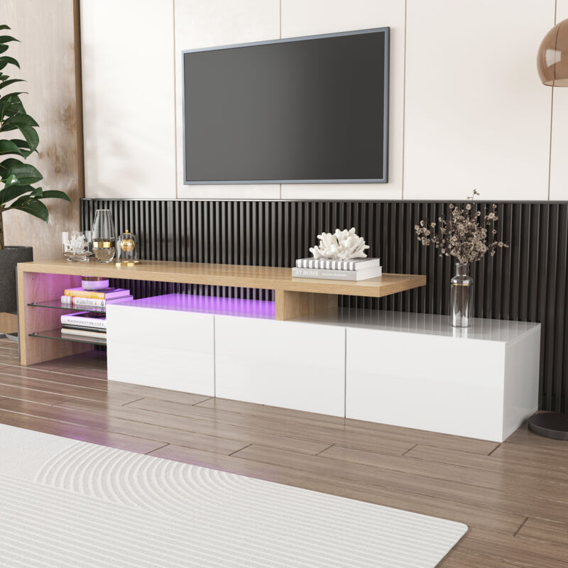 Neche - Meuble tv Design moderne élégant,3 Portes Blanc Brillant,étagères en verre,éclairage LED,Aspect bois,197.5x39x42cm