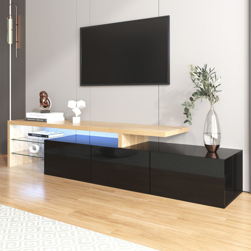Neche - Meuble tv Design moderne élégant,3 Portes Noir Brillant,étagères en verre,éclairage LED,Aspect bois,197.5x39x42cm