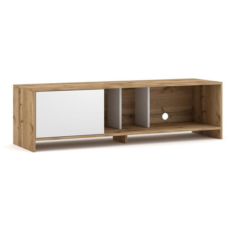 Price Factory - Meuble TV design NARVA 140 cm, 1porte, coloris chêne et blanc - Marron