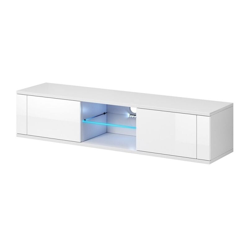 Price Factory - Meuble TV design PARIS-HIT 140 cm, 2 portes et 2 niches, coloris blanc + LED - Blanc