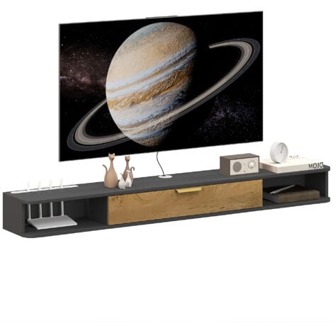 HOMCOM Meuble TV design suspendu - meuble TV mural - 2 niches, porte abbatante - dim. 160 x 24 x 16 cm - gris charbon effet bois