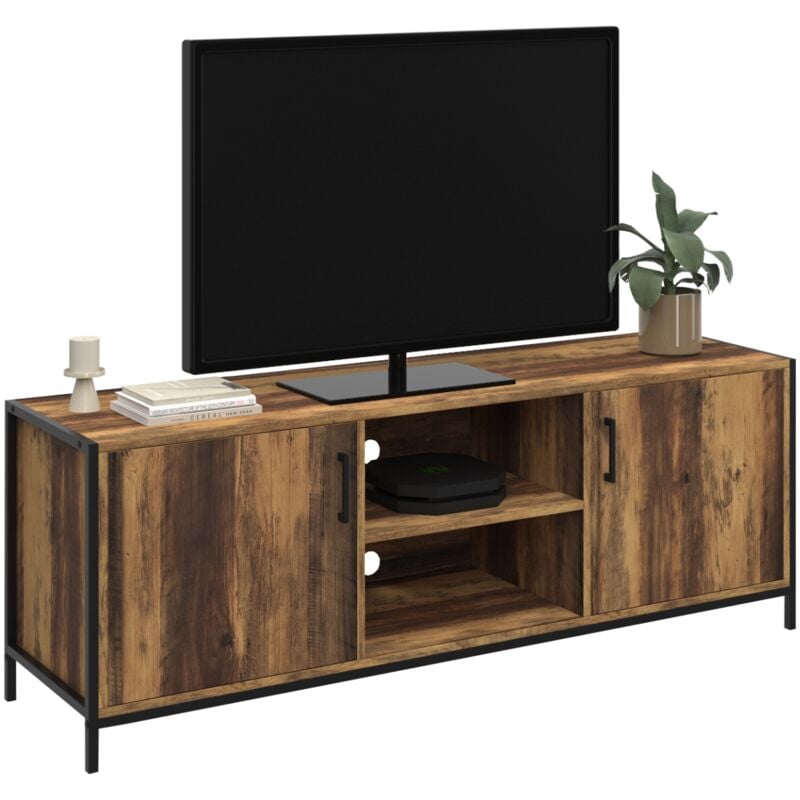 Meuble TV 140 cm HAWKINS 2 portes bois foncé design industriel