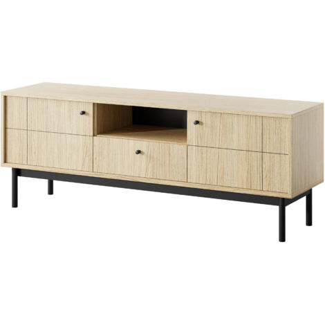 Meuble TV DIEPPE - Chêne - Poignées en métal - Pieds en bois - Largeur 154 cm, Hauteur 56 cm, Profondeur 39 cm