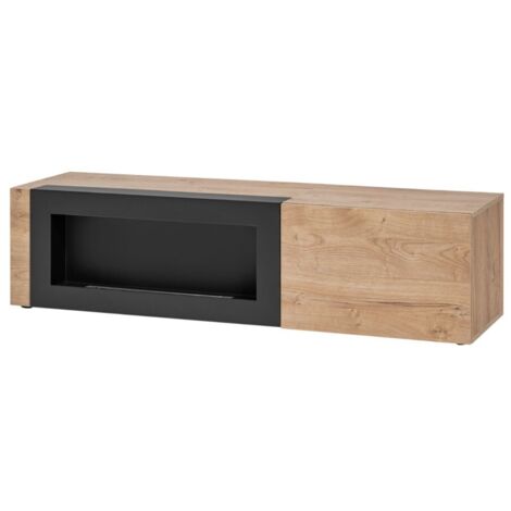Meuble TV DOUM – Chêne clair et noir – Avec cheminée bio-éthanol – L160 x H42 x P45 cm
