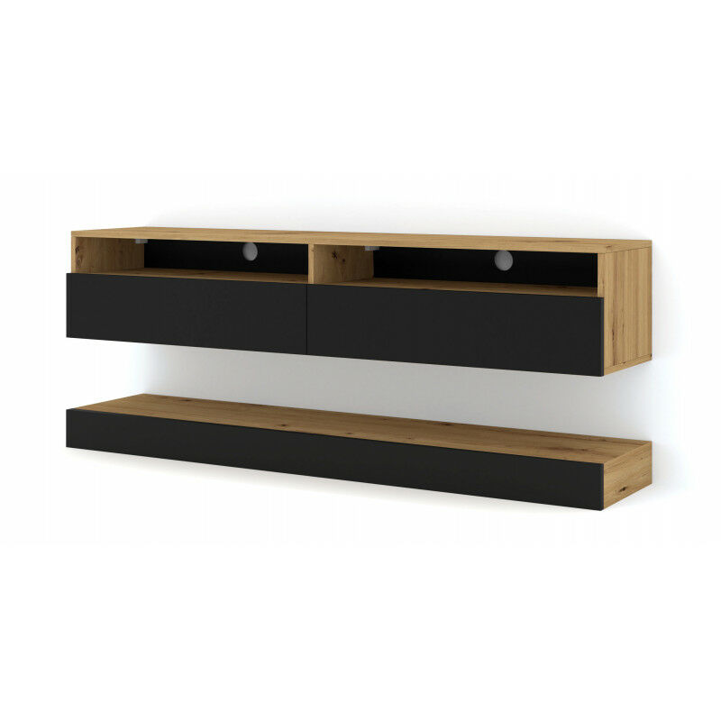 Meuble tv duo avec 2 portes + 2 étagères + panneau au sol - Noir et beige - l 160 x p 34 x h 30+11 cm - Livraison gratuite