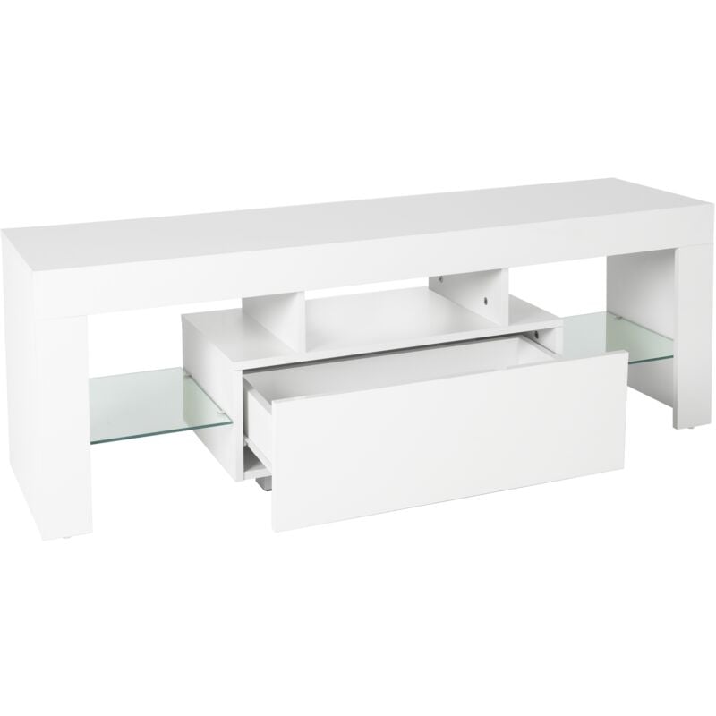 Ml-design - ml design Meuble tv avec Éclairage led pour tv - 130x49x45cm -Blanc en Bois avec Étagère de Rangement en Verre - Design sans Poignée