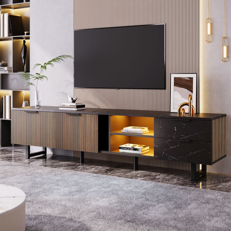 Neche – Meuble TV moderne aspect marbre noir – Éclairage LED ajustable – 2 portes et 2 tiroirs – Dimensions 200x38x50cm – Compatible aspirateurs